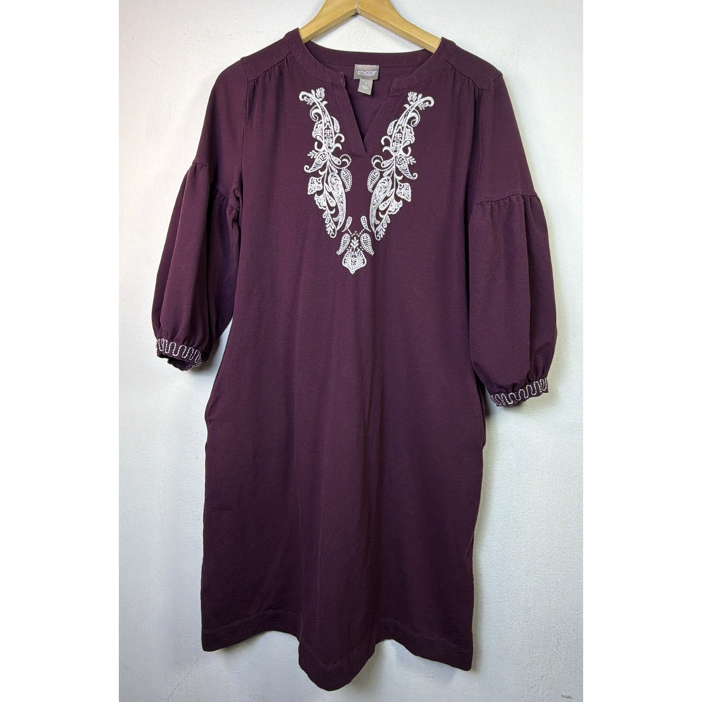 Chico’s 1 medium Embroidered puff sleeves Midi Shift Dress bohemian casual 8 10